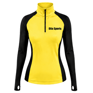 <b>Women</b> Athletic Quarter Zip <b>Top</b> Bright <b>Yellow</b> Long Sleeve Sports Training Shirt Fitted High Collar Thumbhole Performance Wear - Product Image 1