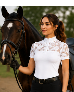 Custom OEM Women Lace Patchwork <b>Equestrian</b> Show Shirt White Short Sleeve Stand Collar Horse Riding Polo Competition Tops - Product Image 6