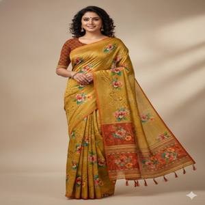 Sari de Seda Zarna Premium VASTRA COTTAGE con Vibrante Estampado Floral Digital, Elegante Borde Zari y Borlas Hechas a Mano - Product Image 1