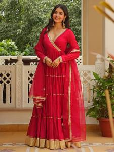 Conjunto indio pakistaní rojo, vestido largo de manga larga hasta el suelo, 100% rayón, dupatta, cuello en V, estilo Anarkali, para bodas y fiestas, para mujer - Product Image 4