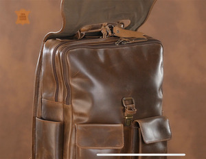 Genuine Leather Laptop <b>Backpack</b> Business Casual Vintage Style Durable Travel Bag <b>with</b> Nylon Lining Zipper Closure - Product Image 3