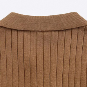 Polo de Punto Texturizado Marrón Sólido para Hombre, Manga Corta, Cuello Casual con Botones - Product Image 3
