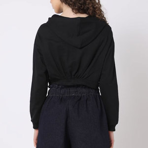 Sweat à capuche court noir pour femme, manches longues, en coton tricoté, décontracté, avec imprimé lettres sur le devant, pour l'automne - Product Image 2