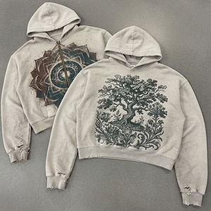 Unisex Cropped Hooded Zipper Sweatshirt Printed Tree Pattern Oversized Fit Casual Style Autumn Wear 100 Cotton Knitted Fabric - Product Image 1