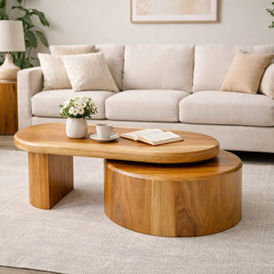 Mesa de Centro Ovalada Moderna de Mediados de Siglo, de Madera Sólida Ecológica, Contemporánea, con Función Giratoria de Alta Calidad - Product Image 3