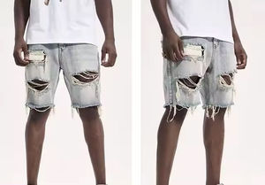 <b>High</b> Quality Custom <b>jean</b> jorts Distressed designer Washed cotton shorts Vintage baggy rhinestone double <b>waist</b> denim jort for <b>men</b> - Product Image 4