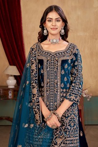 Ensemble de robe Farsi en velours turquoise brodé avec dupatta pour femme, sans plis, protection solaire, tenue de mariage - Product Image 5