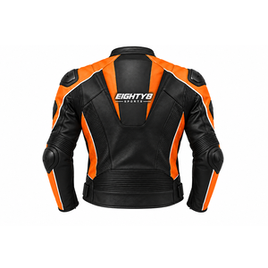 Chaqueta de motociclismo de cuero negra y naranja personalizada para hombre con armadura en hombros y codos y respaldo aerodinámico. - Product Image 3