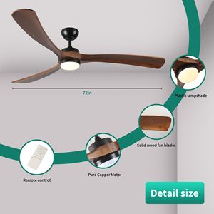 Ventilador de Techo Moderno de Madera Sólida de 72 Pulgadas con 3 Aspas de Madera, Control Remoto, Luces, para Interiores y Exteriores, Duradero y Elegante - Product Image 4