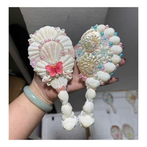 Handmade Natural Seashell Round Mini Compact <b>Makeup</b> <b>Mirror</b> With Pearl And Shell Decorations Coastal Style Vanity Pocket <b>Mirror</b> - Product Image 5