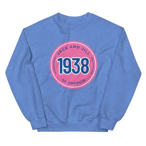 แจ็คแอนด์จิลเสื้อสเวตเชิ้ตสีชมพูพร้อมโลโก้วงกลมสีน้ำเงินปี 1938 คอกลมคลาสสิกแขนยาวแฟชั่นลำลองเสื้อขายส่งเสื้อผ้าแฟชั่น - Product Image 1