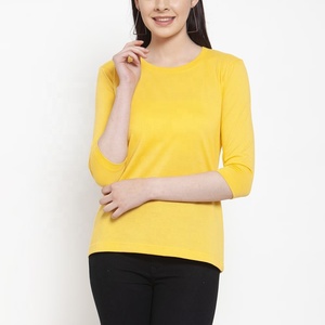 Camiseta Básica Personalizada OEM para Mujer, Cuello Redondo, Manga Tres Cuartos, Color Amarillo Brillante, Top Informal de Algodón - Product Image 1