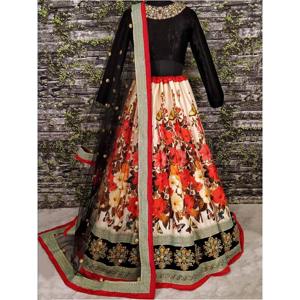 ชุดเลเฮนกาพิมพ์ลายดอกไม้สีสันสดใสสวยงาม พร้อมเสื้อชอลีสีดำ จาก Zeel Clothing - Product Image 5