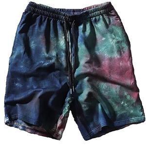 Shorts de jogging pour homme en molleton bouclette respirant, teint sur mesure par immersion (tie-dye) et par trempage (dip-dye), avec cordon de serrage, effet délavé à l'acide et bords bruts, style vintage. - Product Image 1