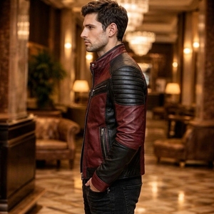 Blouson moto homme en cuir véritable tanné, color block rouge et noir, coupe ajustée, fermeture éclair, col rabattable, manches classiques, devant zippé - Product Image 2