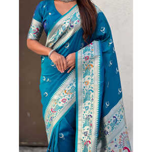 Denim Blue Chandrakor Paithani Silk Banarasi Zari Woven Saree <b>Indian</b> & <b>Pakistani</b> <b>Clothing</b> - Product Image 3