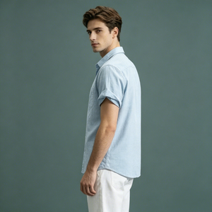 เสื้อเชิ้ตผู้ชายสีฟ้าอ่อน แขนสั้น ผ้าฝ้ายป๊อปลิน สไตล์ลำลอง ปกคอพับ ระบายอากาศได้ดี เหมาะสำหรับใส่ในฤดูร้อน - Product Image 4
