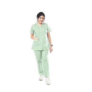 Women's Light Green <b>Scrub</b> Set Short Sleeve Collar Top With Pockets Hospital Uniform Woven Cotton Polyester Blend - Product Image 2