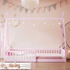 Twin Size Pink Wood <b>House</b> <b>Bed</b> with Fence for Kids' Room - Product Image 1