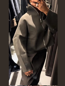 Vintage Turn-down Collar Women's Long Cropped Jacket <b>Zipper</b> Loose Full Sleeve Cotton Warm Coat 2025 Autumn Winter Lady New - Product Image 4