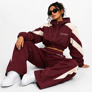 Ensemble de survêtement coupe-vent à capuche bordeaux pour femme Vocksin, veste zippée imperméable et pantalon large, tenue de sport 100% - Product Image 2