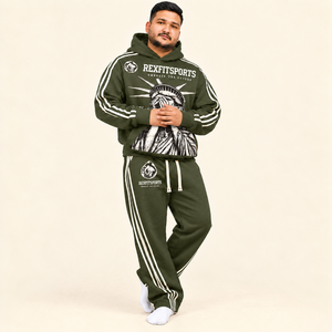 Conjunto Deportivo Personalizado RexFitSports para Hombre, Chaqueta con Capucha y Pantalones Relajados de Forro Polar Verde, Diseño de Impresión y Etiqueta Personalizados - Product Image 3