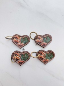 New Arrival Hand Tooled Leather Key Chain Sun Flower & Cactus Heart-Shaped Key Earrings Hot Sale Light Weight Key <b>Rings</b> - Product Image 3