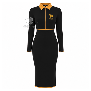 NCBW Women's <b>Black</b> <b>Bodycon</b> Midi <b>Dress</b> With Contrast Golden Polo Collar Quarter Zip <b>Long</b> <b>Sleeve</b> Fitted Casual <b>Dress</b> - Product Image 1