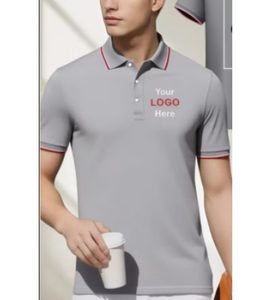 Men's Gray Cotton Polo Shirt Short Sleeve Embroidered Logo Front Solid Color Casual Knitted Breathable Regular Fit - Product Image 2
