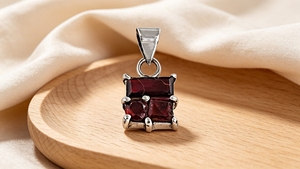 Art Palace 925 Silver Garnet Three Stone <b>Pendant</b> <b>Emerald</b> Cut Claw Setting Classic Geometric Unisex Everyday Wear - Product Image 2