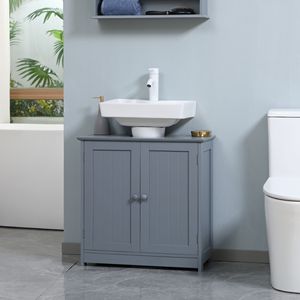 Mobile Bagno Moderno con Lavabo a Colonna, Armadietto Grigio con Ante, Specchio Smart e Funzione Impermeabile per Hotel, Top in Marmo - Product Image 2
