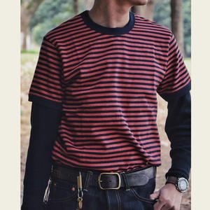 T-shirt à manches courtes rayé pour homme, coupe classique, col rond, en coton tricoté, décontracté, avec bordure contrastée - Product Image 4