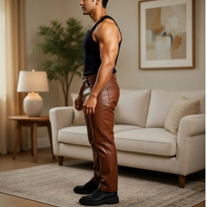 Pantalon en cuir pour homme, nouveau style, anti-rides, séchage rapide, avec fermeture éclair et devant plat - Product Image 4