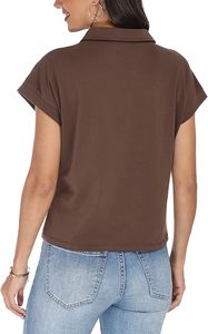 เสื้อโปโลแขนสั้นสีน้ำตาลสำหรับผู้หญิง ปกพับได้ สีพื้น เสื้อลำลอง ใส่ได้ทุกวัน ฤดูใบไม้ผลิ ฤดูร้อน - Product Image 3
