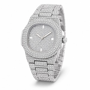Montre de luxe unisexe en acier inoxydable, cadran et bracelet sertis de diamants, affichage analogique à quartz - Product Image 1