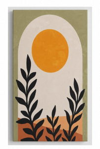 Pintura hecha a mano, impresión minimalista en lienzo de paisaje con sol naranja y hojas negras, arte para decoración de pared interior - Product Image 2
