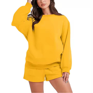 <b>Women's</b>2-Piece Knitted <b>Shorts</b> Set Yellow O-Neck Long Sleeve Loose Fit Casual Solid Color Above <b>Knee</b> Drawstring 2026 - Product Image 4