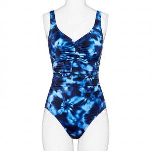 Women's One Piece <b>Swimsuit</b> V-<b>Neck</b> Tie Dye Blue <b>High</b> Waist Tummy Control Swimwear With Drawstring Design Pool Bathing Suit - Product Image 6