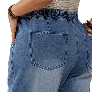 Womens Light Blue Denim Jogger <b>Jeans</b> Breathable <b>Elastic</b> <b>Waist</b> Star Patch Ankle Length Casual Straight Leg Washed Pants Spring - Product Image 4
