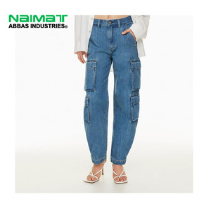 Naimat Abbas Industries Women's High Waist Cargo Denim Pants Loose Fit Stonewashed Blue Ankle Length Casual Style - Product Image 1