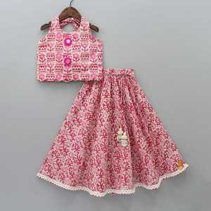 Ensemble robe et pyjama pour filles, 2 pièces, 100% coton, fait main, élégant, avec broderie florale et léopard, taille élastique, ourlet à volants - Product Image 4