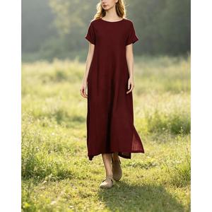Luxury Burgundy O-Neck Cotton Linen Midi <b>Dress</b> With Short Sleeve Boho Style <b>Loose</b> Fit Summer Casual Daily Wear - Product Image 3