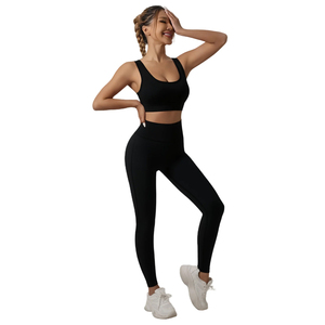 Ensemble de yoga 2 pièces sans couture en Spandex/Nylon écologique, comprenant un legging côtelé taille haute sans manches et un soutien-gorge de sport, motifs Léopard/Uni avec dentelle sur le devant - Product Image 1