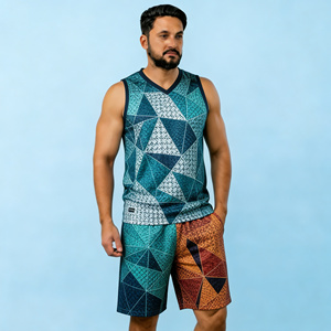 Conjunto de camiseta sin mangas y pantalones cortos con estampado geométrico para hombre, cuello en V, de poliéster tejido de secado rápido, atuendo de verano - Product Image 1