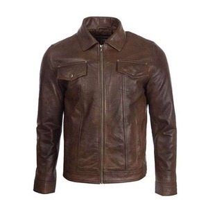 เสื้อแจ็คเก็ตหนังสีน้ำตาลช็อกโกแลตสำหรับผู้ชายสไตล์ไบค์เกอร์ - Product Image 1
