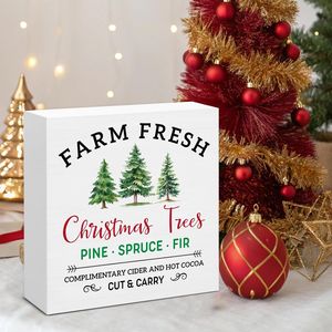 Insegna Natalizia in Legno Stile Rustico 5 x 5 Pollici con Alberi di Natale per Scrivania, Tavolo, Mensola, Decorazione Natalizia - Product Image 2