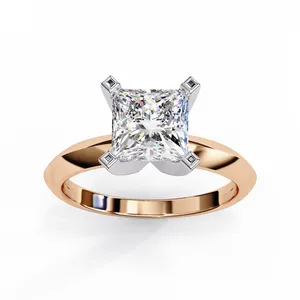 Bague solitaire en or sur mesure avec diamant de laboratoire taille princesse géométrique de 1,5 carat, tige fine et tête à quatre griffes en V - Product Image 3