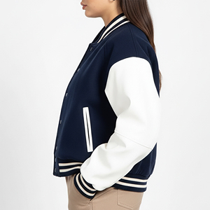 Unisex Varsity <b>Jacket</b> Navy <b>White</b> PU Sleeve Embroidered Logo Front Preppy Style Regular Fit Autumn Wear - Product Image 2