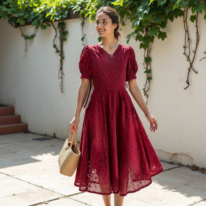 Vestido MIDI bordado para mujer con cuello en V rojo vino con algodón suave transpirable y diseño elegante artesanal para uso diario - Product Image 5