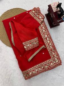 <b>Red</b> Designer <b>Saree</b> with Heavy Gold Embroidered Border and Blouse Elegant Indian Wedding Party Festive Ethnic Wear Wholesale - Product Image 5